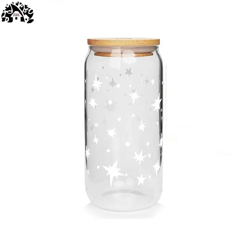 12oz High borosilicate glass bamboo lid single layer juice cup with straw clear glass cola cup large capacity single layer cup