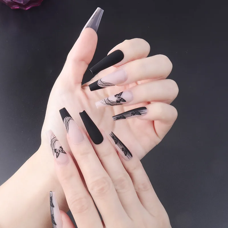 Full Cover Press On Nails Black Butterfly Coffin Artificial Fingernails Private Label Ballerina False Nails