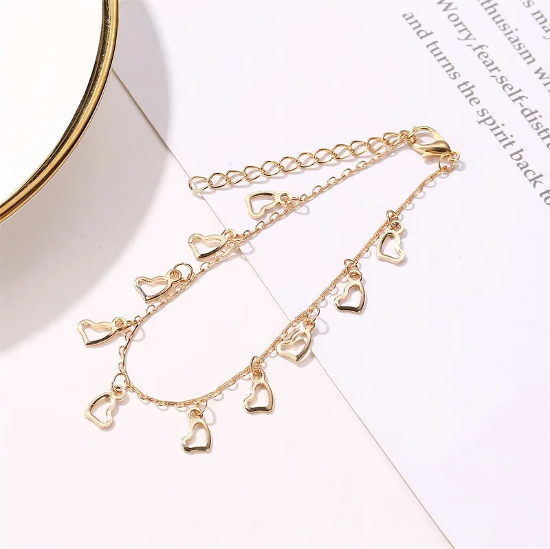 PJ-M042 IN STOCK Gold Plated Brass Chain Pendant Foot Jewelry Summer Beach Love Heart Anklet For Women