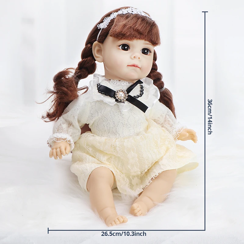 14 Lnch Baby Doll with Fashion Clothes Smooth Soft Skin Pvc Material Head Limbs, Cotton Body with Long Brown Hair Wearing a Bow
