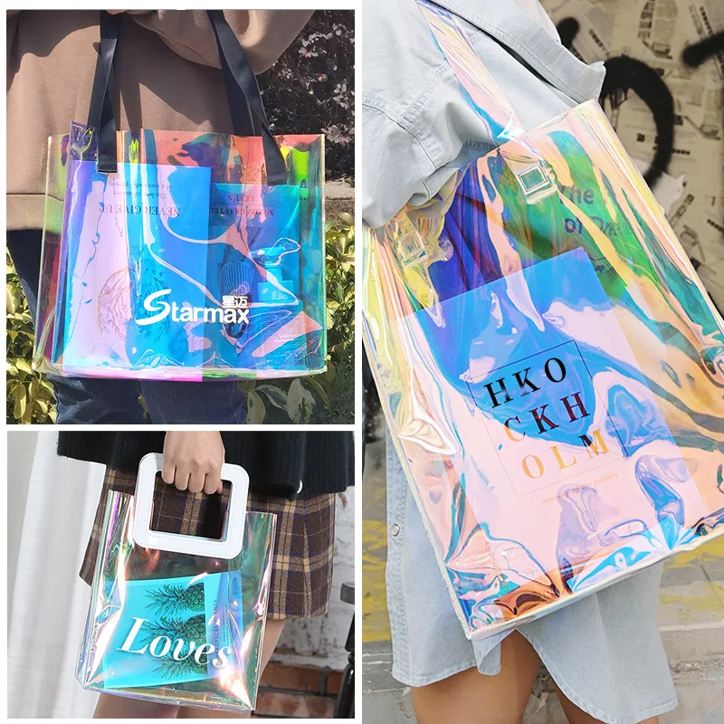 Magic pvc laser tote bag printing logo net red jelly transparent plastic gifts with gift bags wholesale