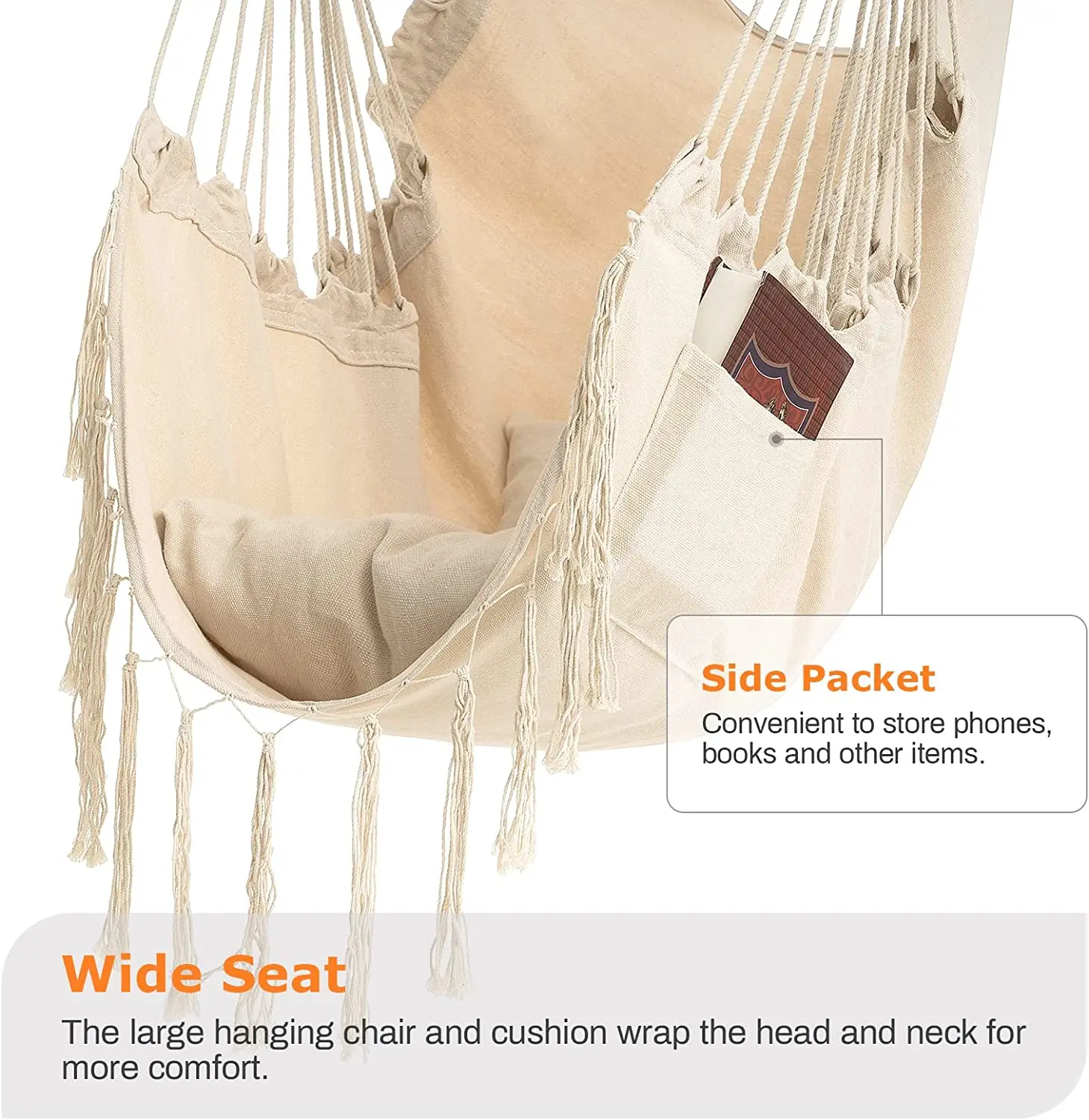 Outdoor Furniture Modern Swing Chair With Wooden For Garden Hanging Chair With Rope For Adult Have Tassel And Cotton Fabric