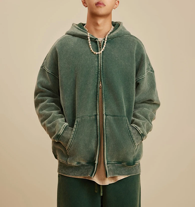 OEM heavyweight cotton fleece mens acid washed oversized dropshoulder zipper up hoodies zip jacket custom logo streetwear