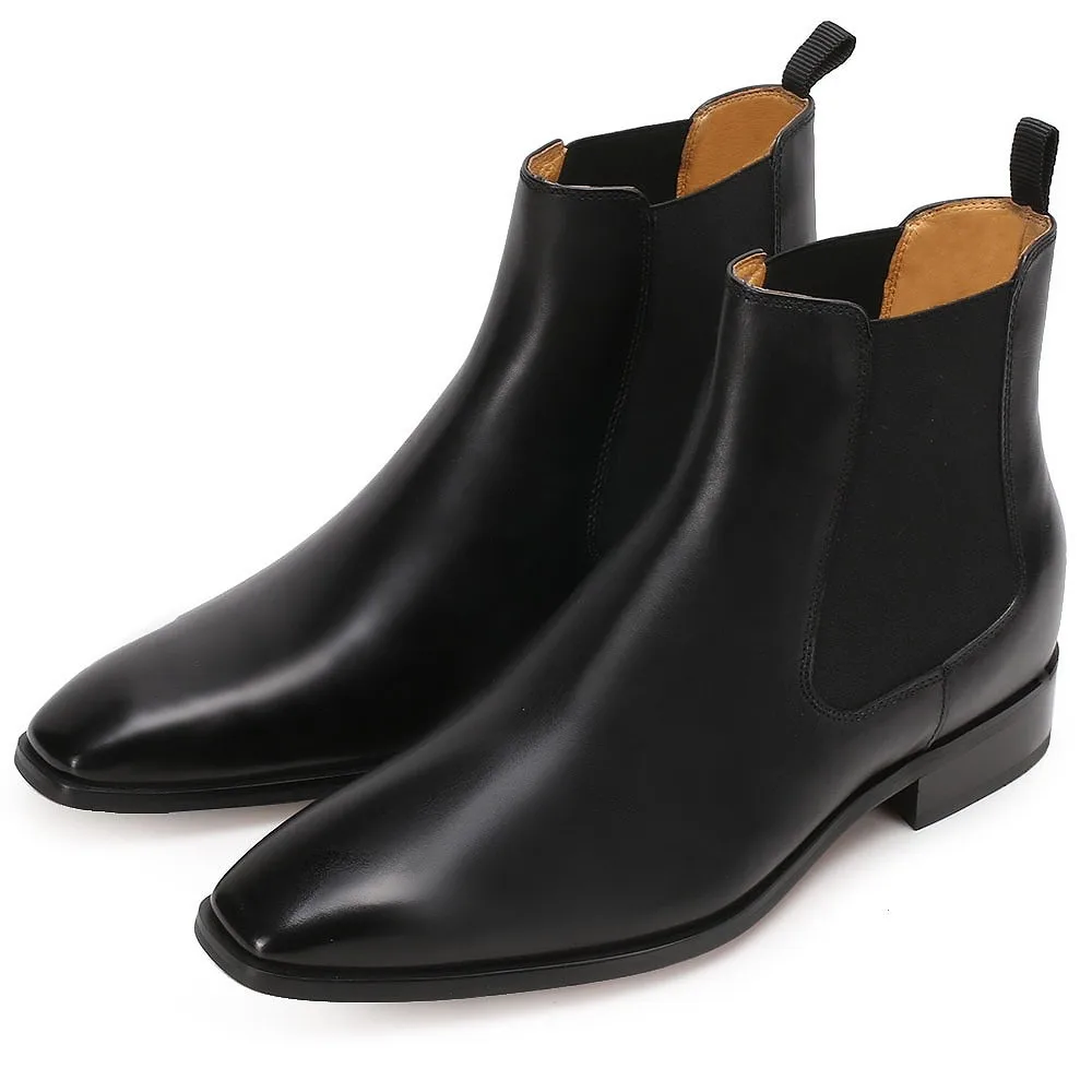 Height Increasing Chelsea Boots Black Leather Tall Men Shoes High Heel Boots For Men 7CM / 2.76 Inches