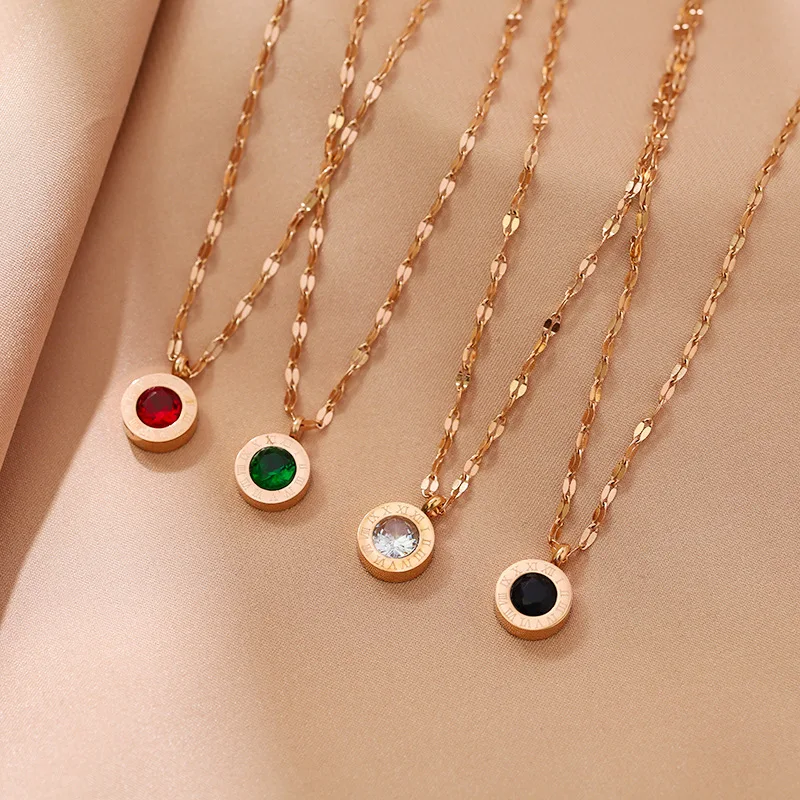 Roman Numerals Necklace Metal Stainless Steel Crystal Pendant Clavicle Chain Necklaces
