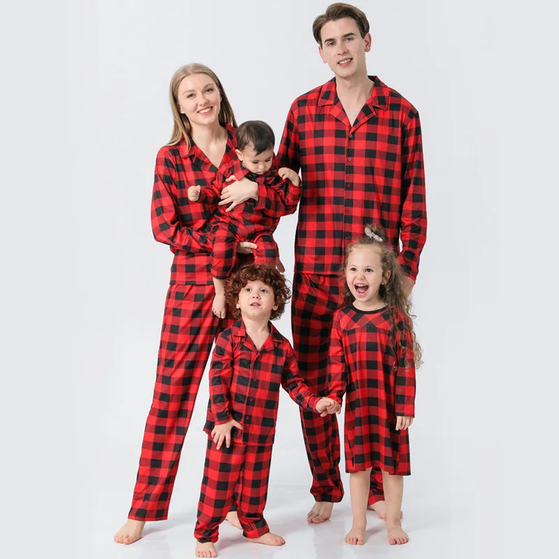 Hot selling family Christmas Pjs Set Plaid Print kids men Matching christmas Pajamas Sleepwear