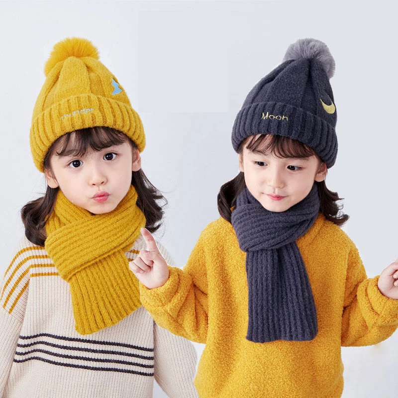 Шапка и шарф для девочек, оптовая продажа, детские шерстяные шапки, модная Теплая Вязаная Шапка-бини из шерсти с помпоном