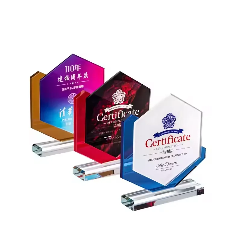 Custom Noble blank sublimation Manufacturer colored Hexagon plaque shield glass Crystal trophy award With Black Base