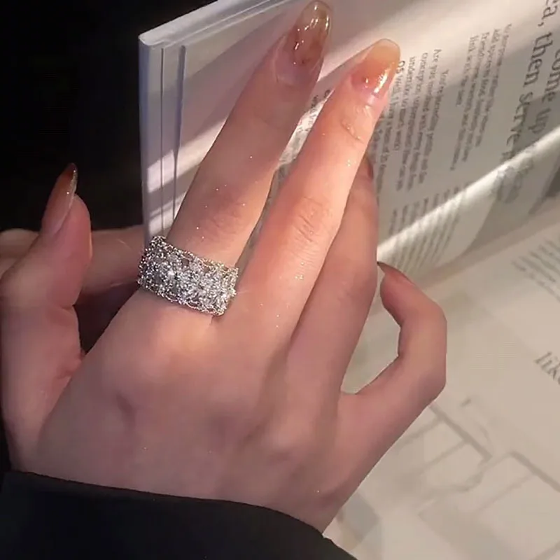 European American High-End Index Finger Ring Elegant Zircon Flower Open Ring Design New  Made Stainless  Ring