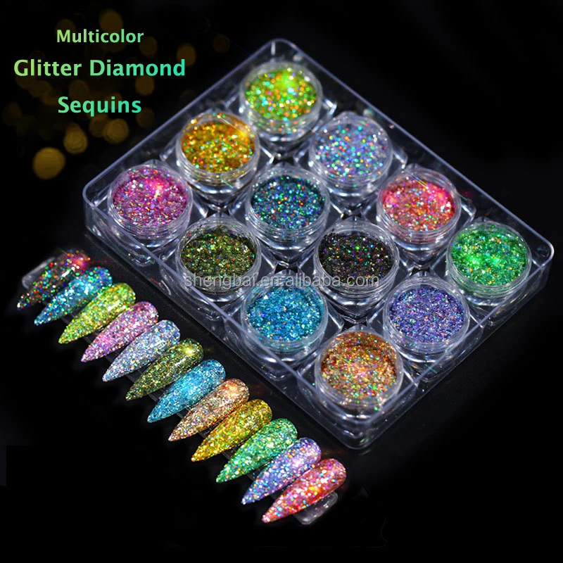 OM 12 Mixed Color Suit Nail Decoration Powder Diamond Chip Laser Glitter Crystal Design Nail Art Sequins