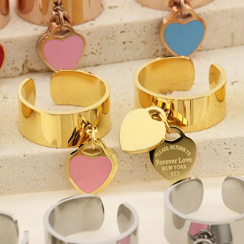 Wholesale Pink Blue Enamel Heart Charm Waterproof Anti Tarnish Designer Gold PVD Plated Girls Open Rings For Women