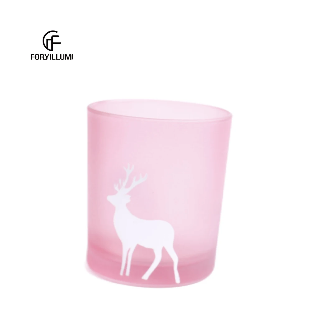 Wholesale pink color frosted glass soy candle vessel holder customize print pattern empty printing on glass jar candle