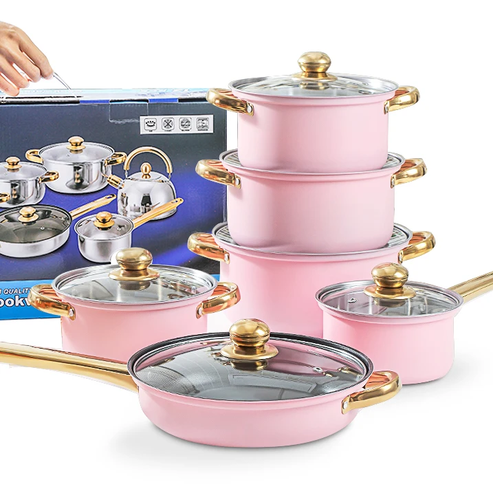 12 Pcs Pink Casseroles Soup Stock Pots Cast Iron Frying Pan Stainless Steel Cooking Pots And Pans Non Stick Cookware Sets
