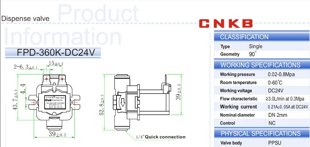 CNKB FPD-360K 1 Way 1 Outlet Food Grade Plastic DC12/24/36V Standard Water Solenoid Valve for Household Appliances