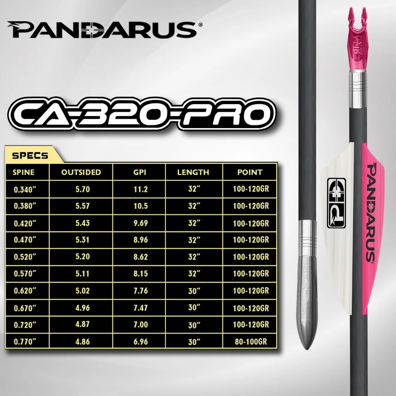 Pandarus Elite CA320PRO 3.2mm front taper ACC arrow shaft same as Easton X10 Protour for compound bow target shooting