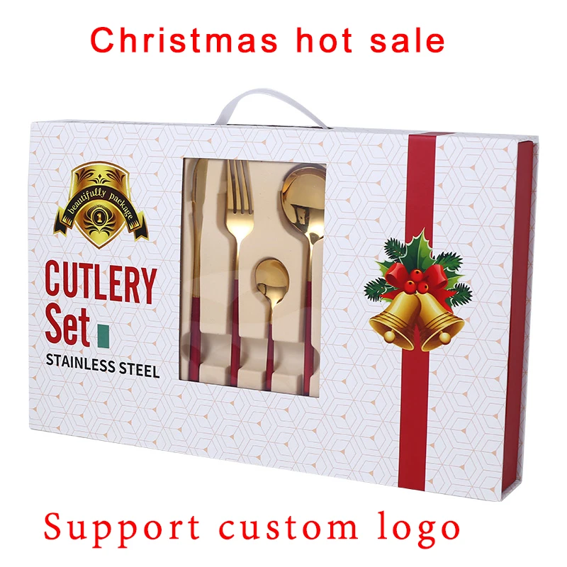 
Christmas Cutlery Hot Sale Luxury 24 Pieces Food Grade Stainless Steel Black Gold Flatware Set With Gift Box 