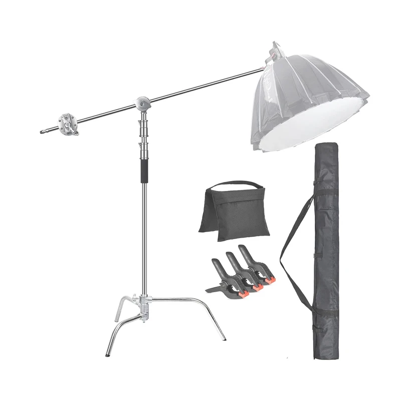Adjustable Lights Heavy Duty Stainless Steel 250CM Light Stand + Boom Arm C Stand + Wheel Load Bearing 25KG for Flash