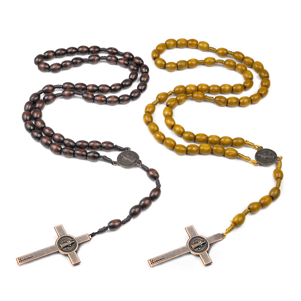 Handmade Catholic Pendant Necklace Jesus Saint Wood Beads Rosary Necklace Women Men Religious Holy Jerusalem Prayer Jewelry