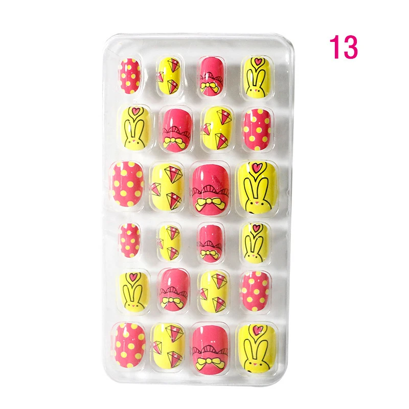 24PCS False Nail Tips Full Cover Cute False Nails Art Girls Acrylic Patterns Kids Children Press On Nails