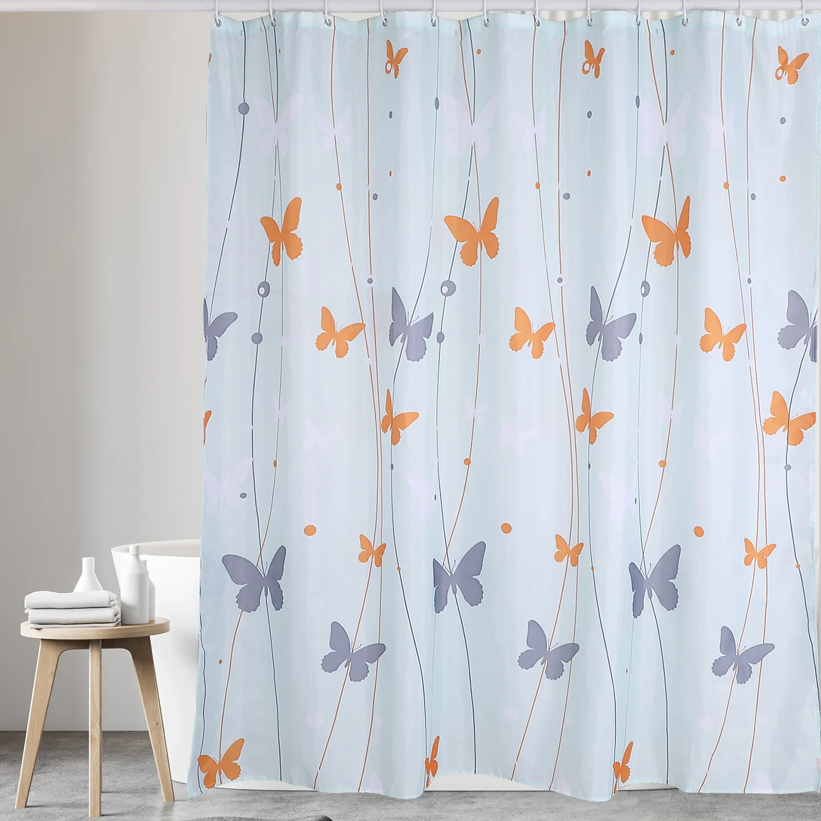 Amazon Hot Selling Butterfly Design 100% Polyester Shower Curtain Set of 13 Fabric Shower Curtain Printing Butterfly Style