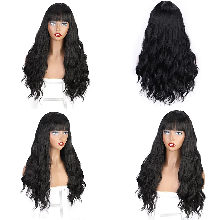 Vigorous Long Black Wig with Bangs for Women Synthetic Glueless Heat Resistant Wave Black Silky Black Hair Wig 26 inch