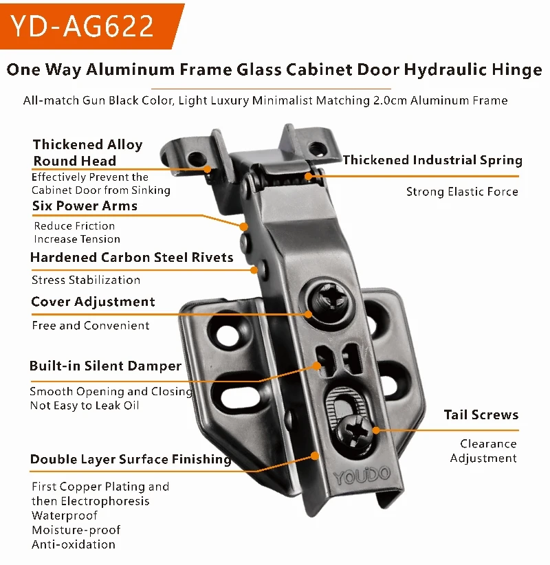 YOUDO Furniture Hardware Gun Black Aluminum Frame Hydraulic Hinge Cabinet Hinges Soft Close Concealed  Hydraulic Hinges