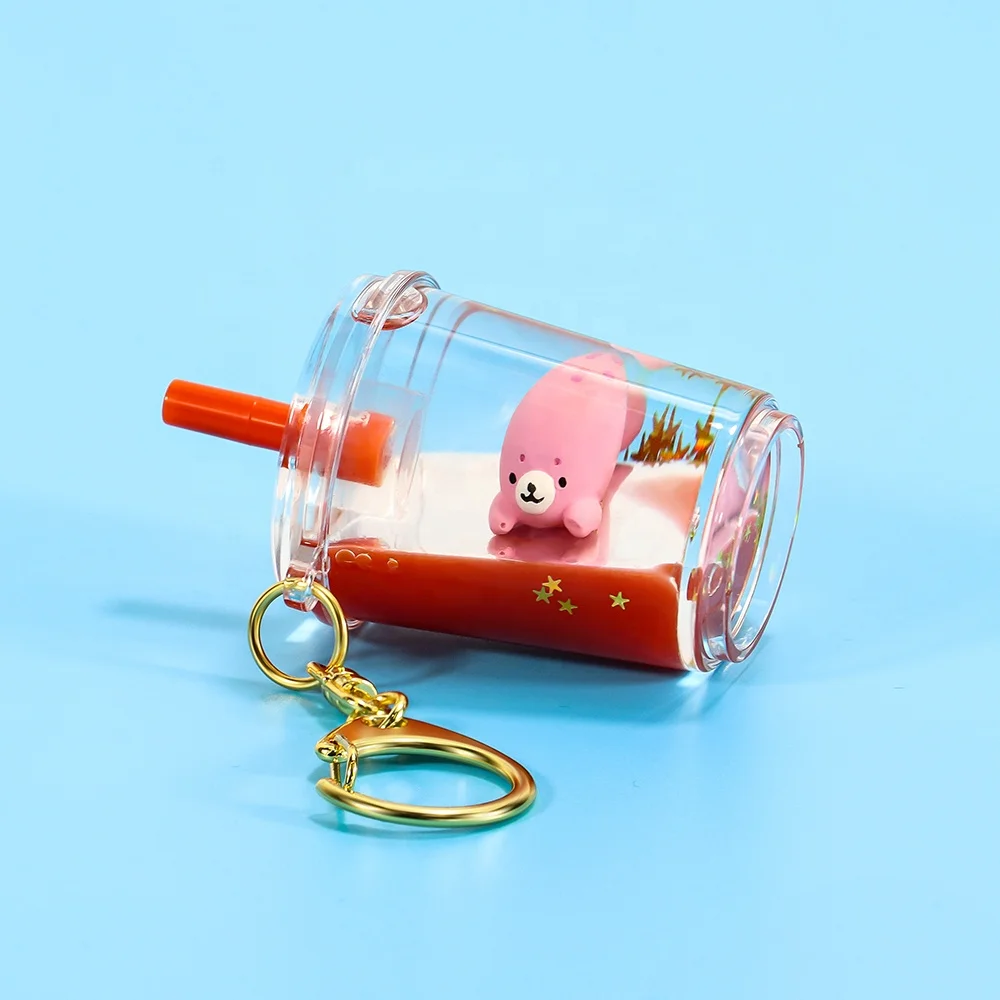 Custom Liquid Keychain Water Boba Aqua Key chain Floating Acrylic Animal Liquid Key Holder Bubble Milk Tea Cup Key Holder
