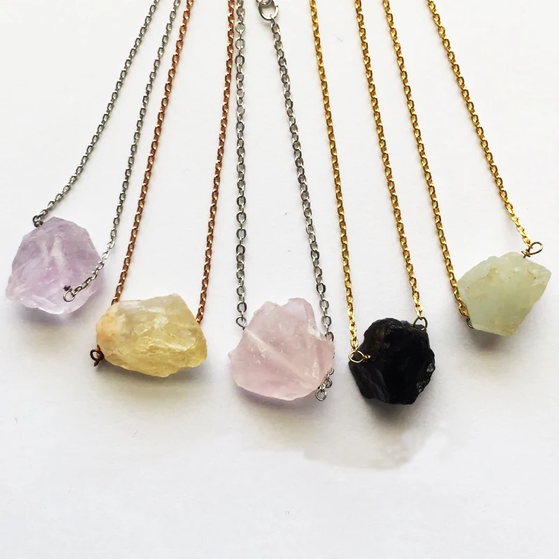 Natural rose quartz raw stone necklace healing crystal fashion gold chain necklace for woman jewelry
