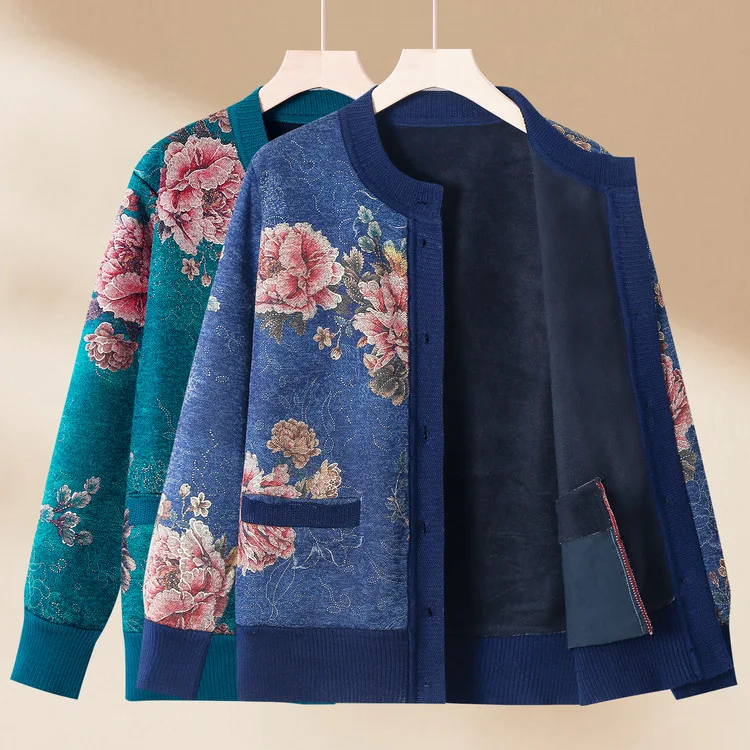Womens warm lining floral printing Sweater jacket Mom padded thickened tops old lady cardigan Chinese style sweater