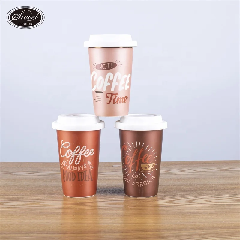 Latest Trending 400ml Custom Coffee Golden Water MoM Dad Gift Mug Ceramic Travel Cups Mugs With Silicone Lid