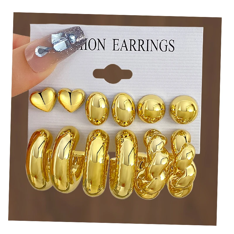 6Pcs/Set New Design Gold Color Heart Oval Hoop Twist C Shape Thick Earrings for Women Jewelry