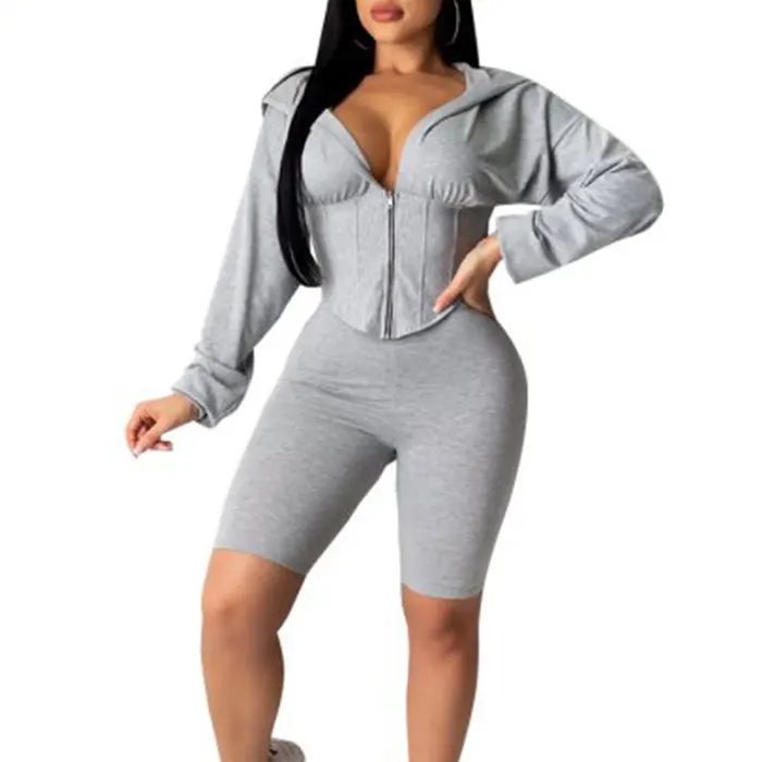 Custom Logo two piece set tracksuit women bike sports clothing Long sleeve Cropped hoodie shorts set women