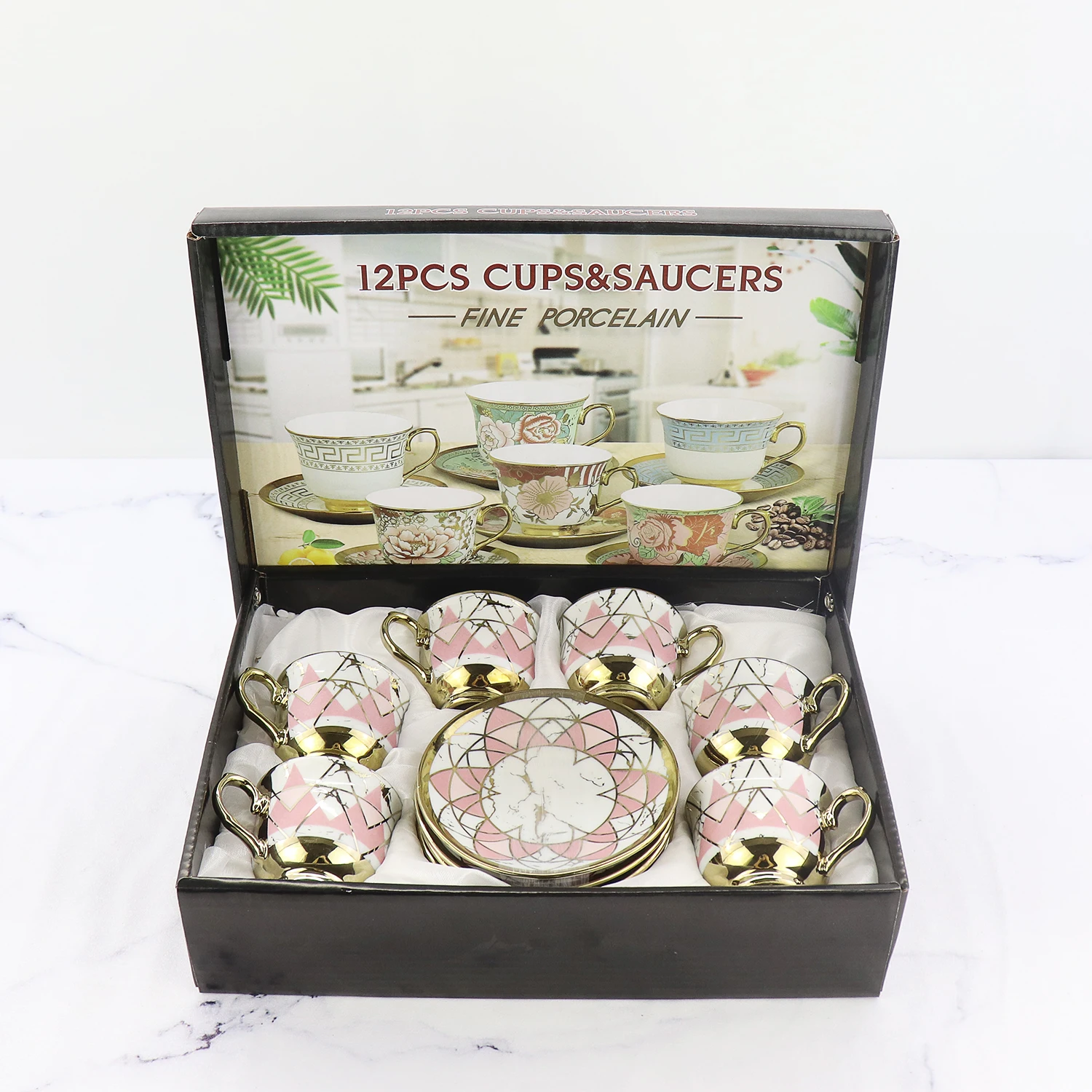 European New Style Coffee Set Ceramic Plated Six Cups and Six Saucers Set with Creative Gift Box Packing