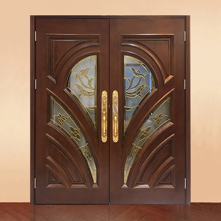 China foshan supplier exterior main entrance wood doors designs custom made fancy solid wooden double door