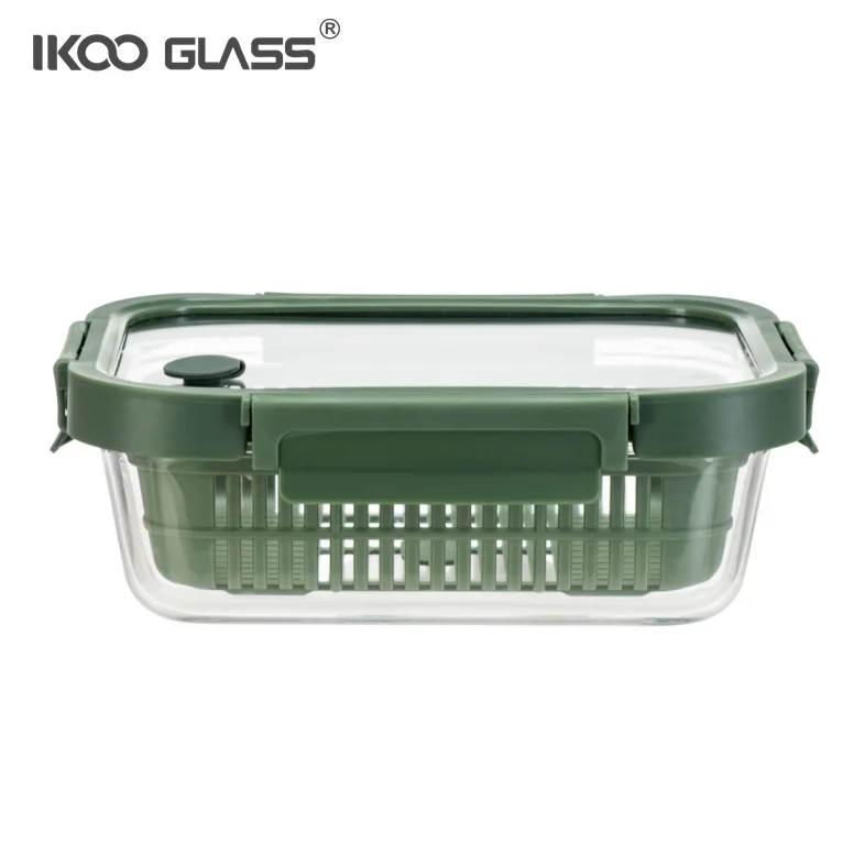 IKOO Airtight and Leak Proof glass food storage containers with removable colander to Store Salad, Vegetables, Meat, Fruits