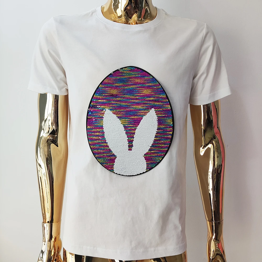 Factory Custom wholesale easter Embroidery glitter reverse sequins Egg Iron On Patches For Clothing Clothes