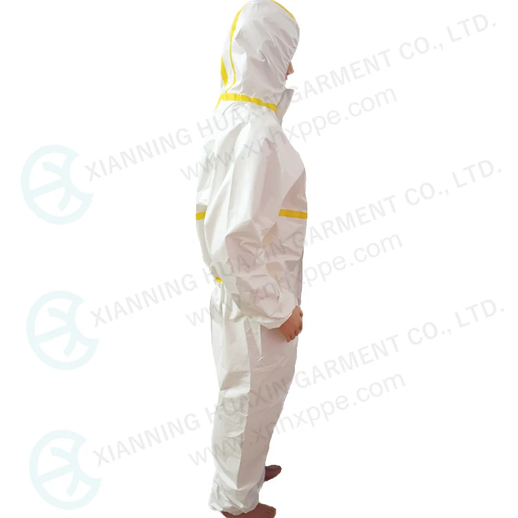 Disposable Liquid Resistant Hazmat Suit With Yellow Tape Sealed