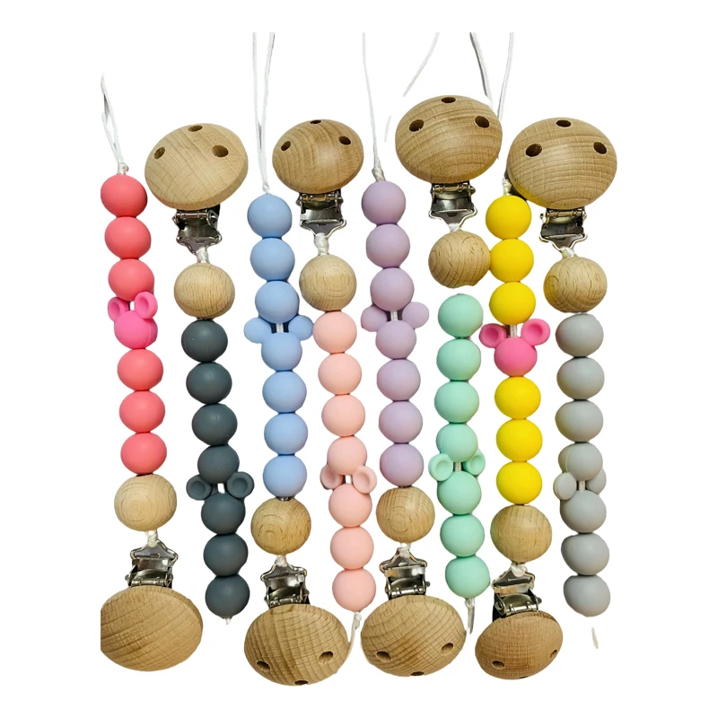 New simple beech wooden baby bite Pacifier Clip silicone pacifier chain molar toy anti falling chain