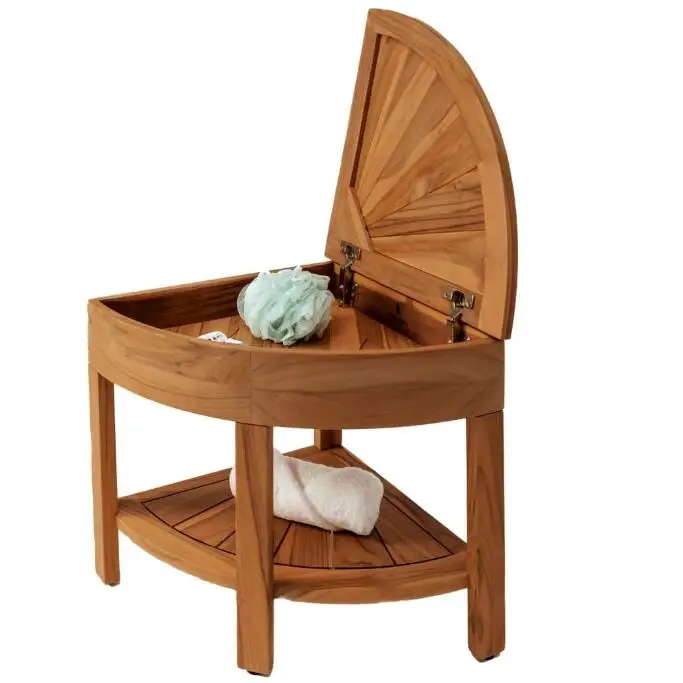 Teak shower stool with drain storage, fan-shaped corner bathroom stool, bathroom waterproof non-slip double wooden storage stool