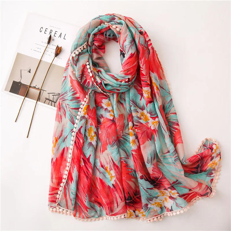 Wholesale Custom Floral Print Women Hijab Linen Cotton Scarf With Tassel