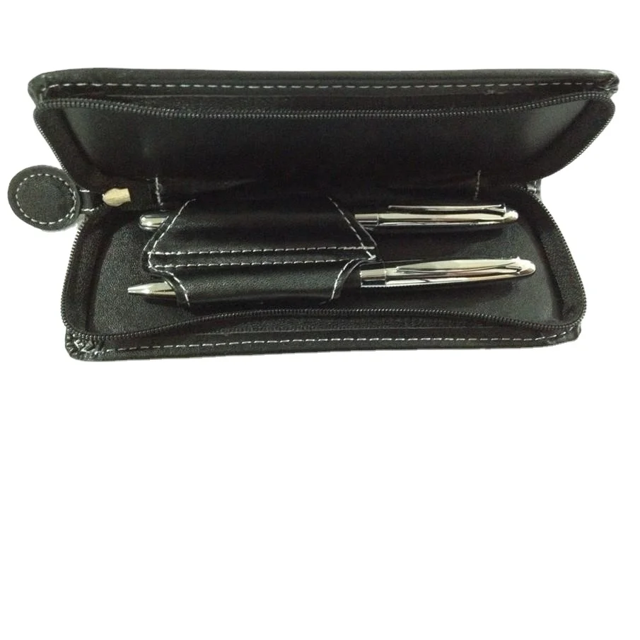 luxury leather roller pen and ball pen set with leather box high quality stationery set