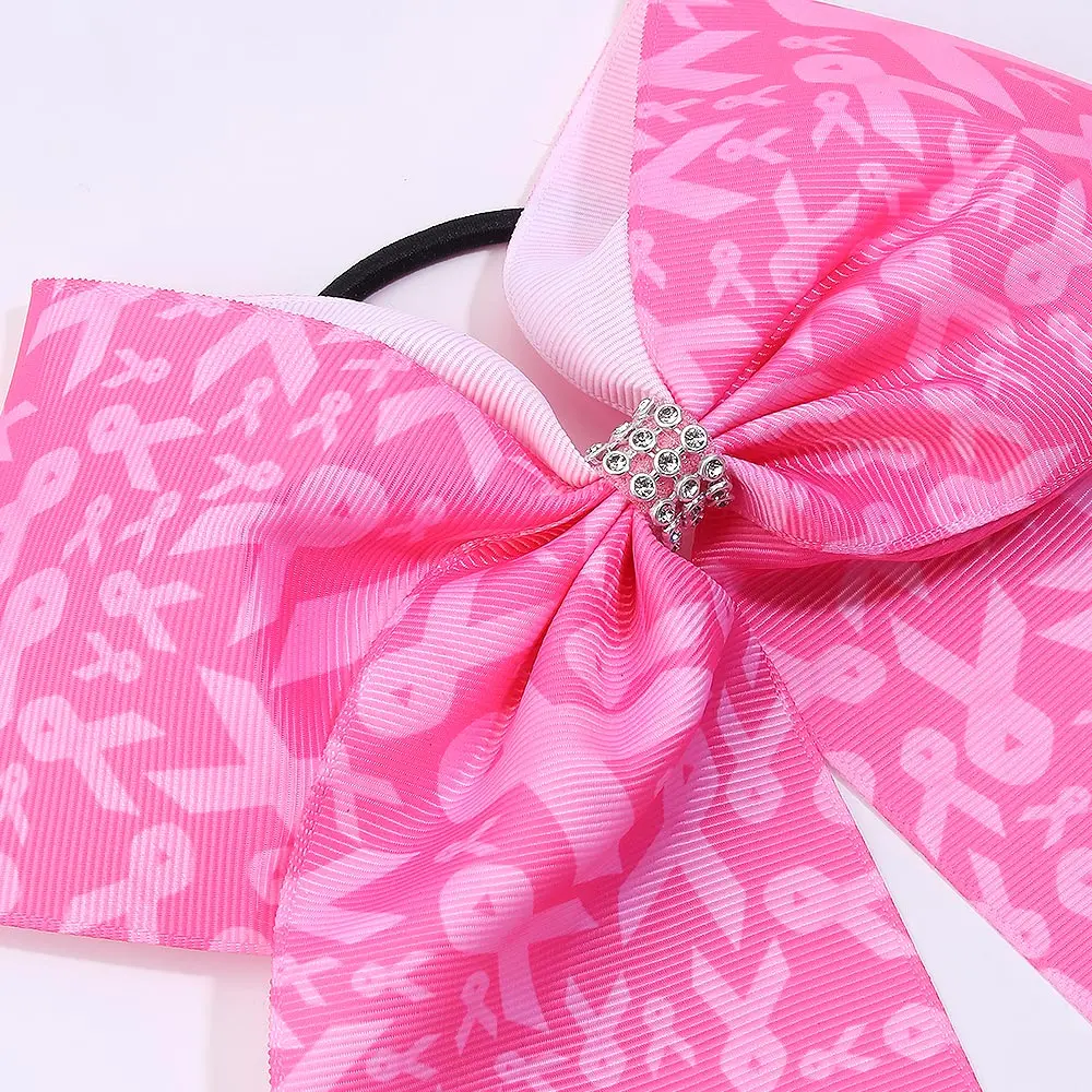 7 Inch Cheap Pink Ribbon Cheerleading Bows for Girls and Women Breast Cancer Cheer Bows with Elastic Band