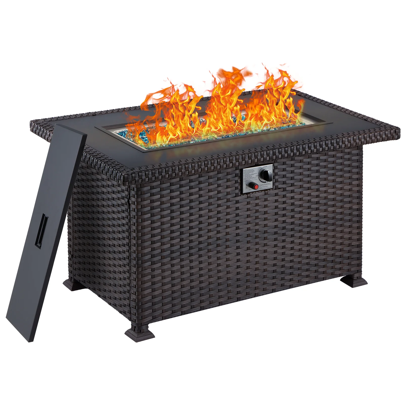 44 Inch Propane Fire Pit Table, 50,000 BTU Gas Fire Table for Garden Patio Courtyard Party Outside, Wicker&Rattan (Black)