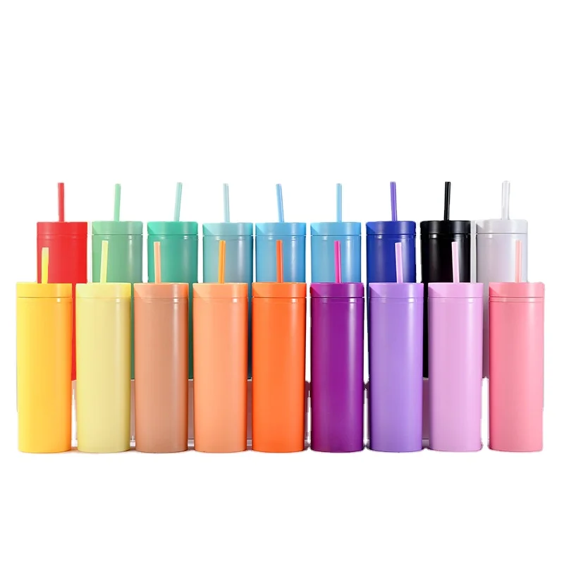 Custom logo 160z summer cool PVC reusable skinny Tumbler flat with lid straw plastic cup BPA free acrylic frosted mugs