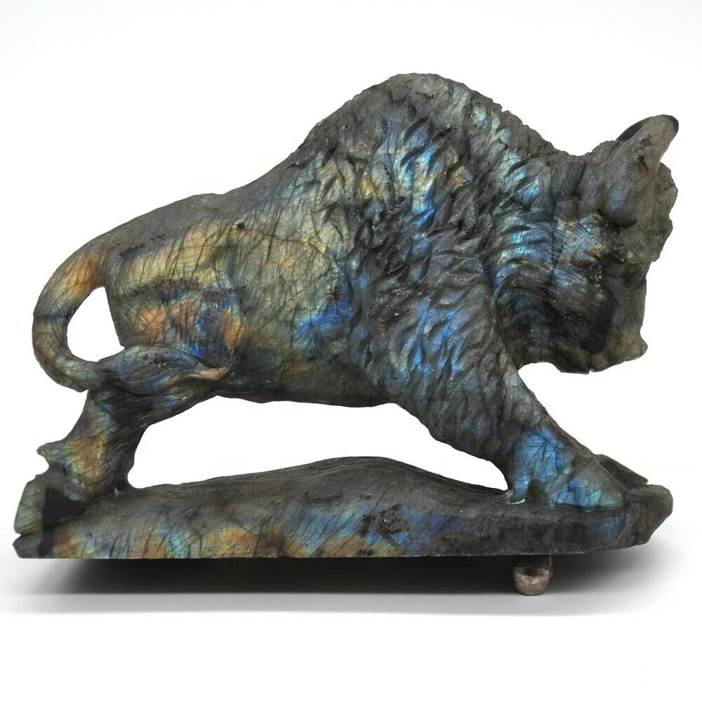 Wholesale Natural Labradorite crystal carving Buffalo Statue