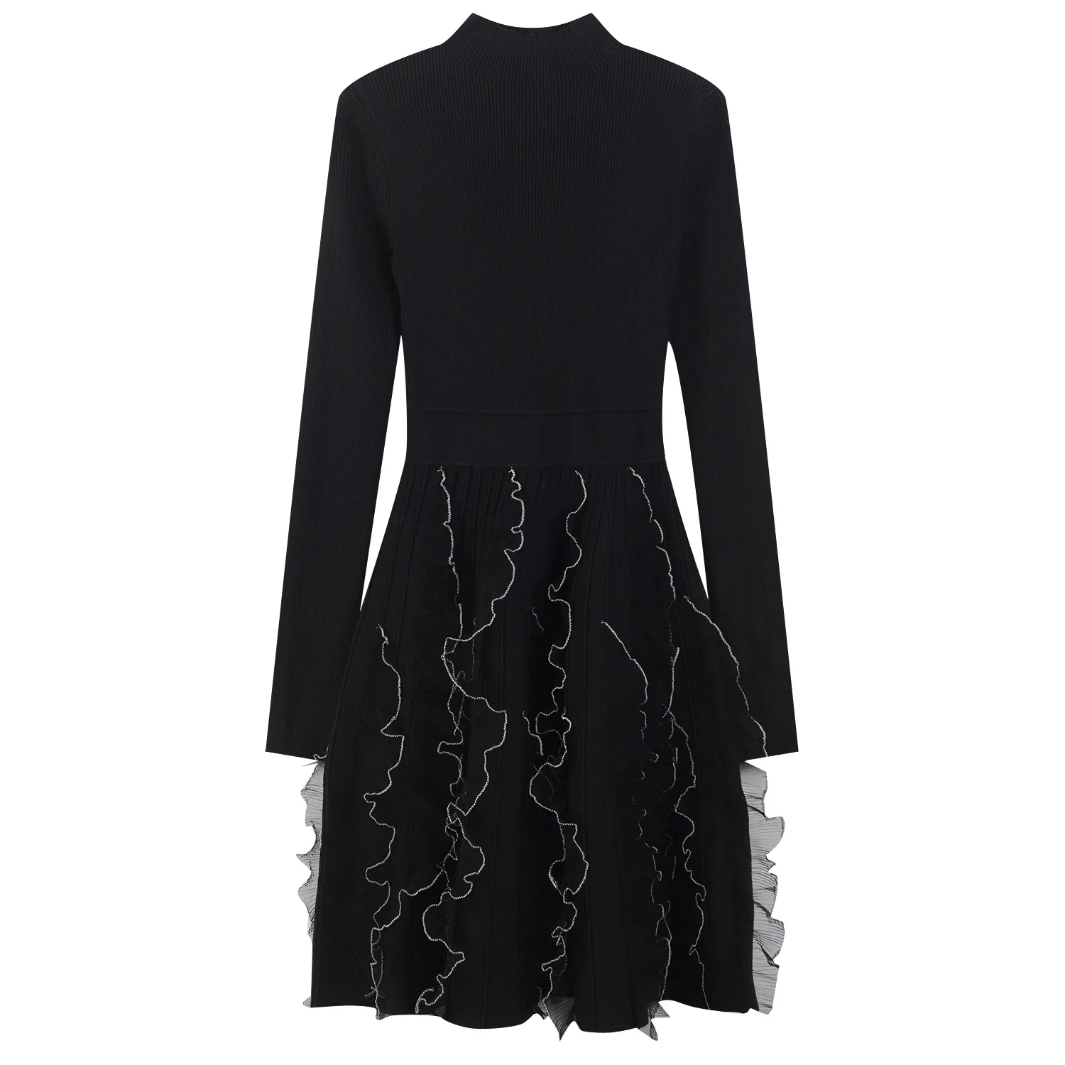 Elegant Style Lady Fine Workmanship Lace Patchwork Turtleneck Long Sleeve Women High Waisted Short Dress