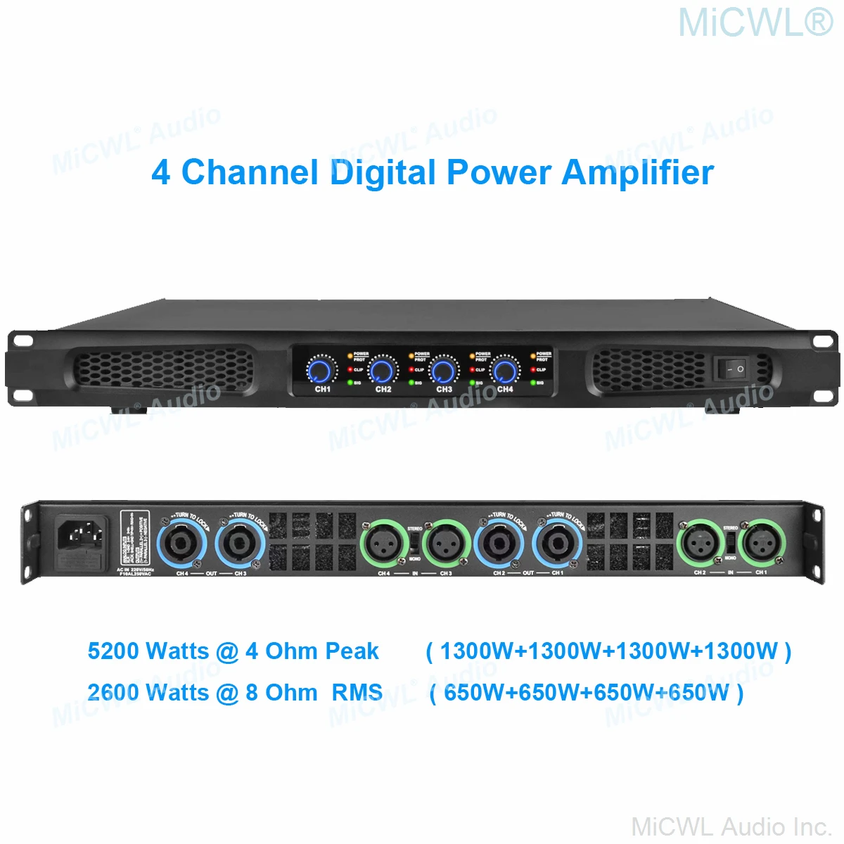 Усилитель мощности MiCWL 4 канала 5200 Вт класс D ЦС пиковая мощность