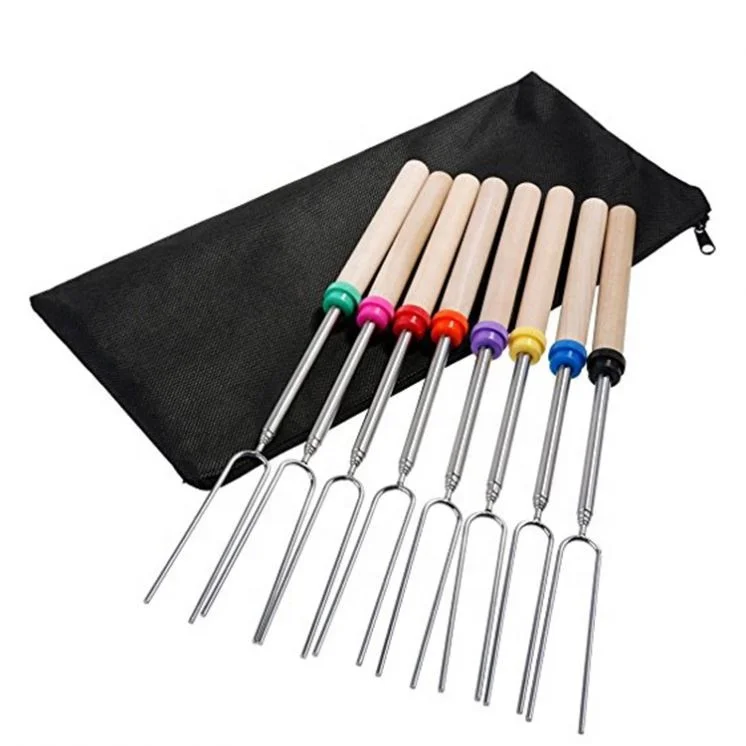 Amazon Hot Selling 8 Color Wood Handle  BBQ skewers Stainless Steel BBQ Stick Telescoping  Roasting Sticks