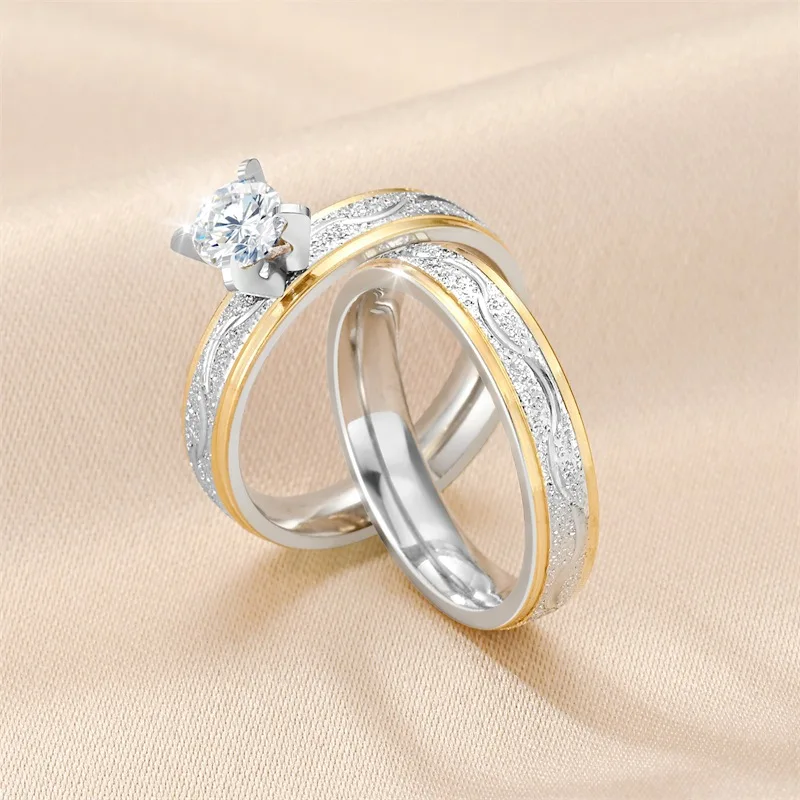 Fashion No Fade Two Tone Stainless Steel Couple Rings Set Luxury Sparkly Frosted Carved Wave Wedding Diamond Ring Gift for Lover