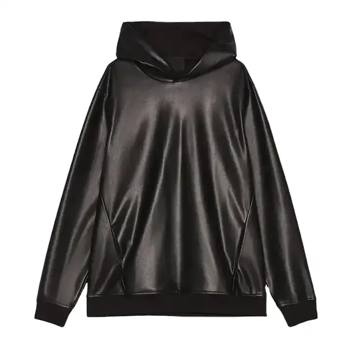 Custom Logo High Quality Mens Leather Jacket With Hoodie Fuax Pu Leather Blank Oversized Pullover Hoodies